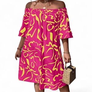 Vibrant pink and yellow off the shoulder dress